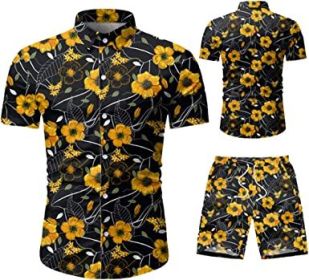 Men's 2 Piece Tracksuit Shirt Flower Casual Button Down Short Sleeve Shirts and Pants Suit (size: L)