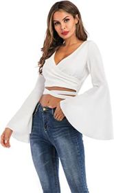 Women's Sexy Tie Up Crop Top Ladies Flared Sleeve Deep V Neck Casual Basic T Shirt (Color: WHITE-M)