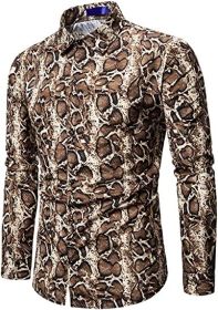 Men's Fashion Leopard Shirts Slim Fit Stand Collar Single Breasted Shirts Casual Long (Color: Bwcs yellow03-XXL)