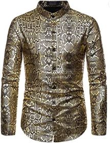 Men's Paisley Shirt Long Sleeve Dress Shirt Button Down Casual Slim Fit Shirt (Color: Gold-XXL)