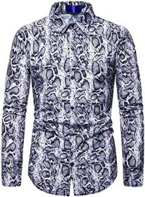 Men's Fashion Leopard Shirts Slim Fit Stand Collar Single Breasted Shirts Casual Long (Color: Bwcs white03-S)