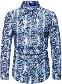 Men's Fashion Leopard Shirts Slim Fit Stand Collar Single Breasted Shirts Casual Long (Color: Bwcs blue-XL)