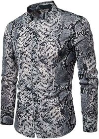 Men's Fashion Leopard Shirts Slim Fit Stand Collar Single Breasted Shirts Casual Long (Color: Bwcs white02-M)