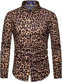 Men's Fashion Leopard Shirts Slim Fit Stand Collar Single Breasted Shirts Casual Long (Color: Bwcs yellow-S)