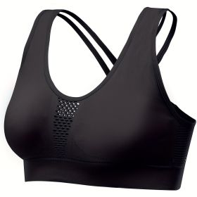 Breathable Mesh Wire-free Sports Bra, Stretchy High Impact Yoga Fitness Gym Cropped Top, Women's Activewear (Color: BLACK)