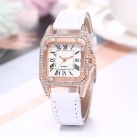 Women Diamond Watch Starry Square Dial Bracelet Watches Ladies Leather Band Quartz Wristwatch Female Clock(No Box) (Color: White)