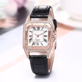 Women Diamond Watch Starry Square Dial Bracelet Watches Ladies Leather Band Quartz Wristwatch Female Clock(No Box) (Color: BLACK)