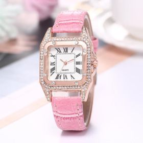 Women Diamond Watch Starry Square Dial Bracelet Watches Ladies Leather Band Quartz Wristwatch Female Clock(No Box) (Color: Pink)