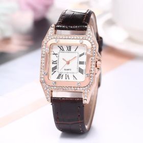 Women Diamond Watch Starry Square Dial Bracelet Watches Ladies Leather Band Quartz Wristwatch Female Clock(No Box) (Color: Brown)