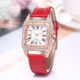 Women Diamond Watch Starry Square Dial Bracelet Watches Ladies Leather Band Quartz Wristwatch Female Clock(No Box) (Color: Red)