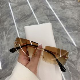 Vintage Fashion 2021 New Sunglasses Rimless Frameless Rectangle Shades Gradient UV400 Summer Traveling Sun Glasses for Women (Lenses Color: brown)