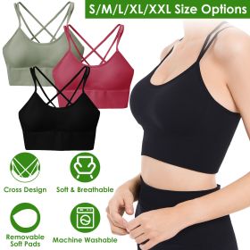 3Packs Women Cross Back Sport Bras Padded Strappy Medium Support Bras (Color: Green+Red+Black)