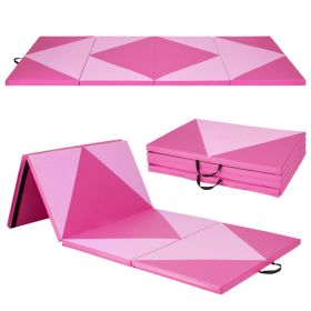 4-Panel PU Leather Folding Exercise Gym Mat with Hook and Loop Fasteners (Color: Pink)