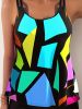 Geometric Pattern Multicolored Tankini Sets, Round Neck Boxer Short Bottom Two Pieces Swimsuit, Women's Swimwear & Clothing